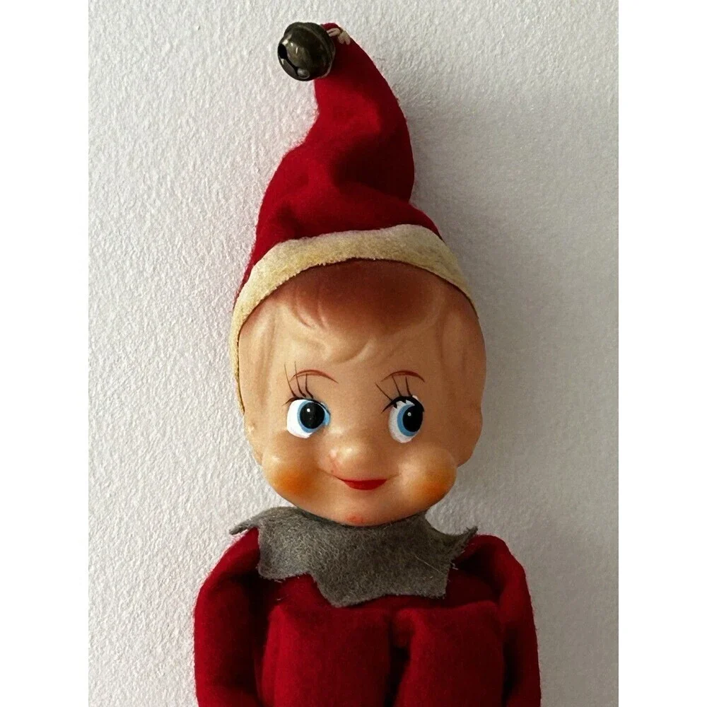 Vintage Pixie Elf Knee Hugger Felt Red Jingle Bell Shelf Sitter Retro Holidays